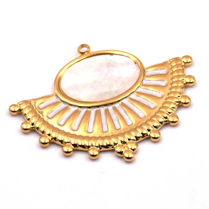 Pendentif éventail en acier doré et émail nacré 42x34mm. Trou : 1.8mm (1)