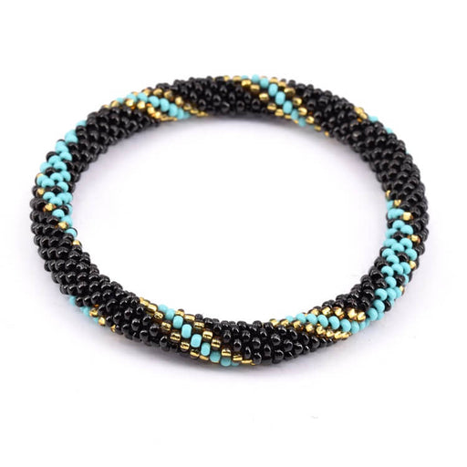 Bracelet jonc crocheté Népalais turquoise doré noir 65mm (1)