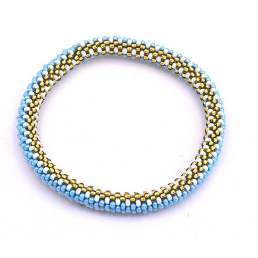 Achat Bracelet jonc crocheté Népalais bleu ciel blanc et doré 65mm (1)