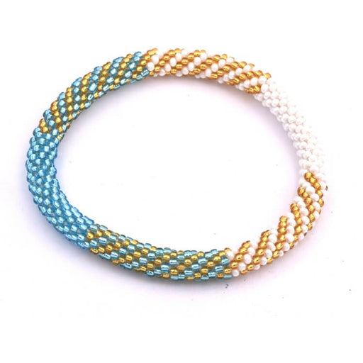 Bracelet jonc crocheté Népalais torsadé bleu blanc et doré 65mm (1)