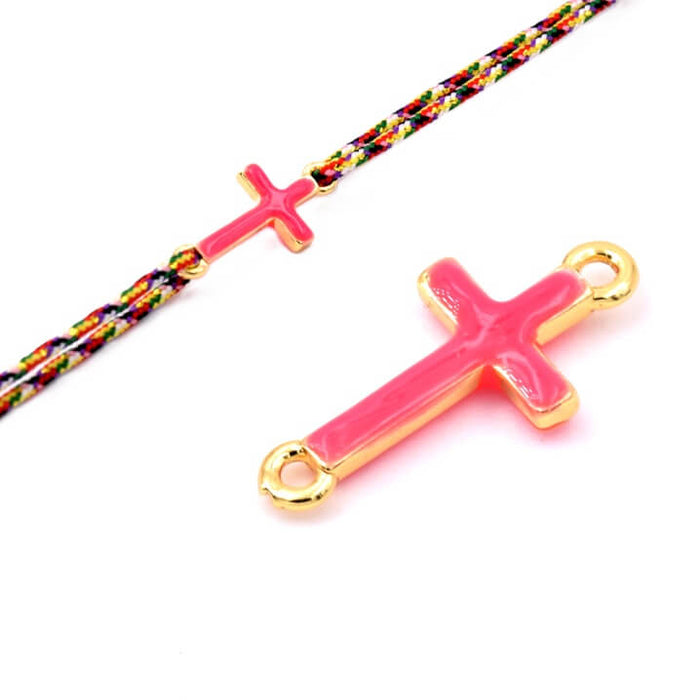 Connecteur croix laiton doré qualité émail rose fluo néon - 12mm (1)
