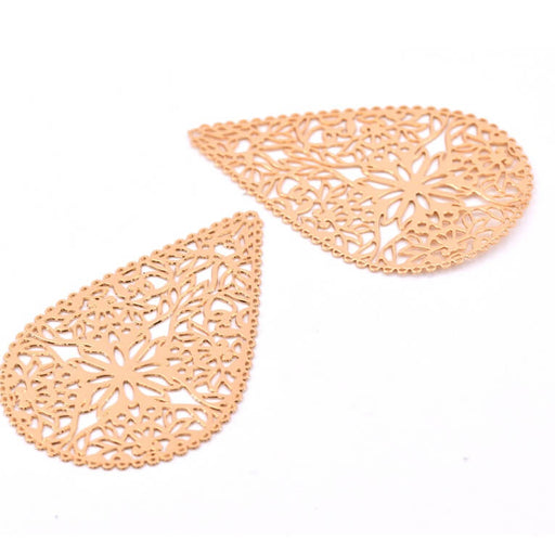 Pendentif goutte laiton doré motif fleurs  très fin et plat 40x26 mm (2)