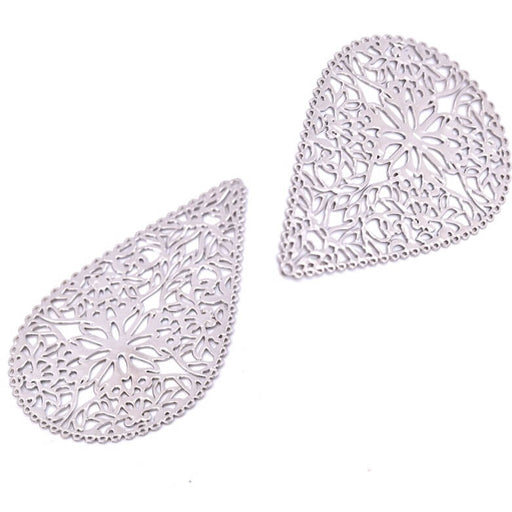 Pendentif goutte laiton platine motif fleurs filigramme 40x26 mm (2)