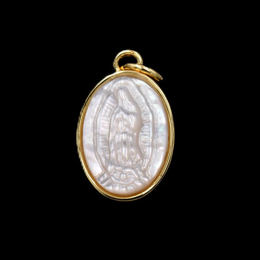 Pendentif ovale laiton doré 11mm nacre Vierge Guadalupe - Trou 3mm (1)