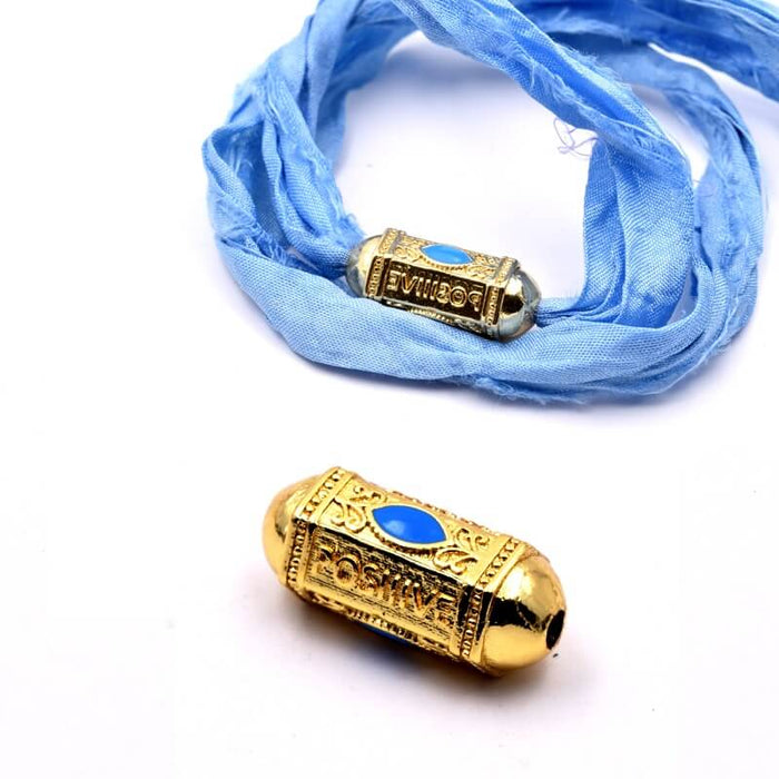 Perle cylindre hexagonal ethnique doré qualité 20x9mm - émail bleu (1)