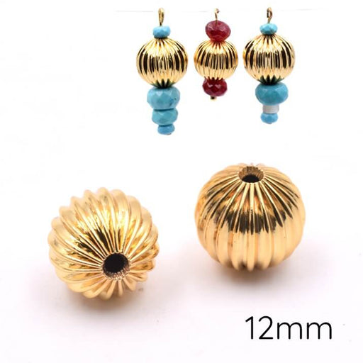 Achat Perles rondes rainurée en laiton doré 12mm - Trou: 1.9mm (2)