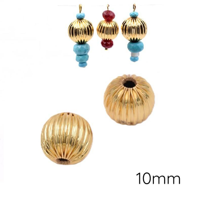 Perles rondes rainurée en laiton doré 10mm - Trou: 2mm (2)