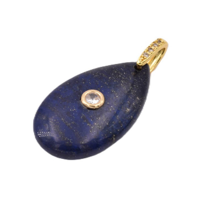 Pendentif goutte lapis lazuli zircon et bélière en laiton doré 35x20x9mm (1)