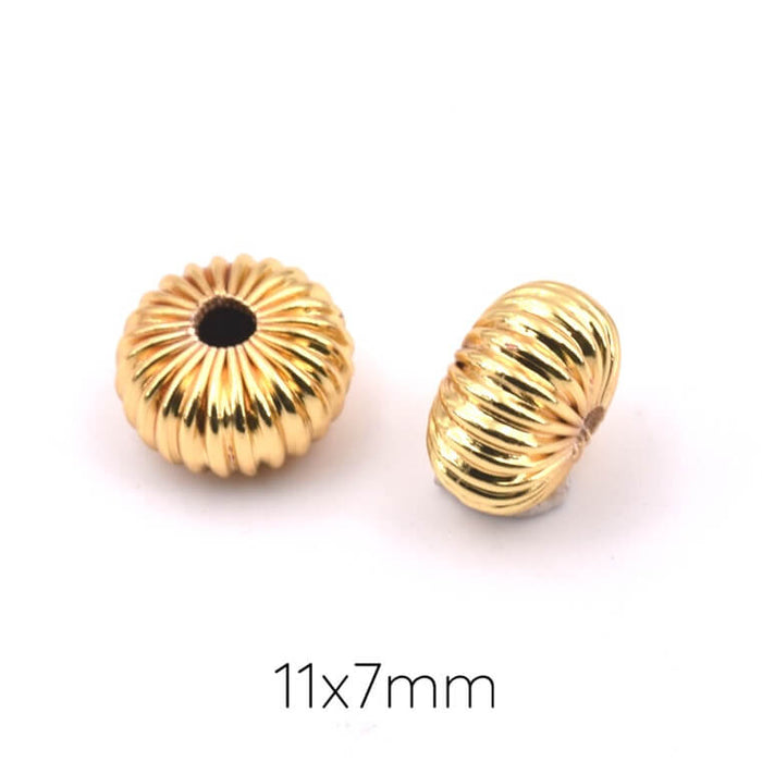 Perles rondelle rainurée en laiton doré 11x7mm - Trou: 2.2mm (2)