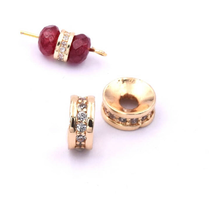 Perle rondelle heishi doré à l'or fin et zircon 6x2mm (1)