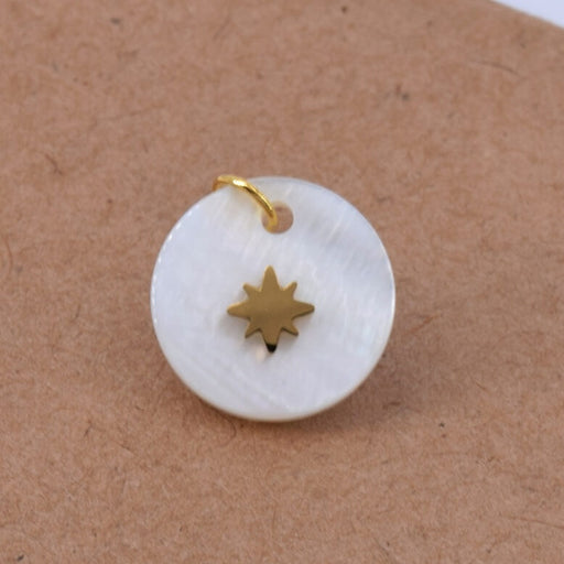 Pendentif rond nacre avec étoile acier inoxydable doré 13mm (1)