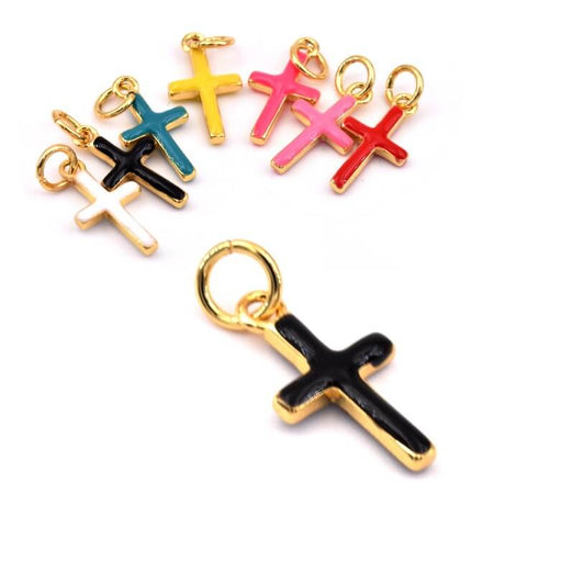 Pendentif charm croix laiton doré qualité émail noir - 15x8mm (1)