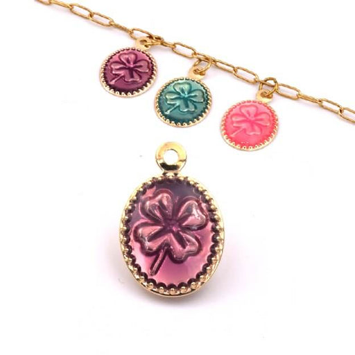 Achat Pendentif ovale trèfle laiton doré émail violet 12x10mm (1)
