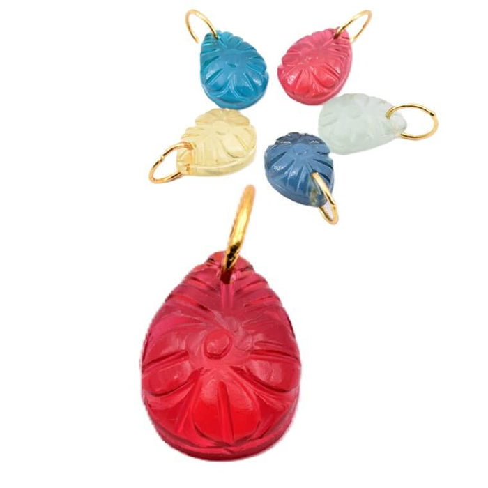 Pendentif goutte imitation tourmaline rose sculpté fleur 16x12mm et anneau laiton doré (1)
