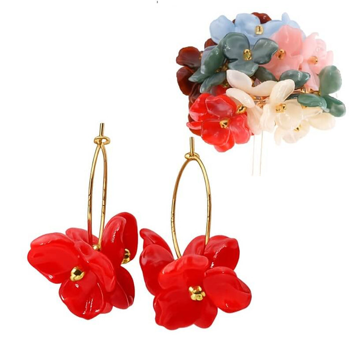 Boucle d'oreille pétale acrylique écarlate rouge sur créoles acier doré 25mm (1 paire)
