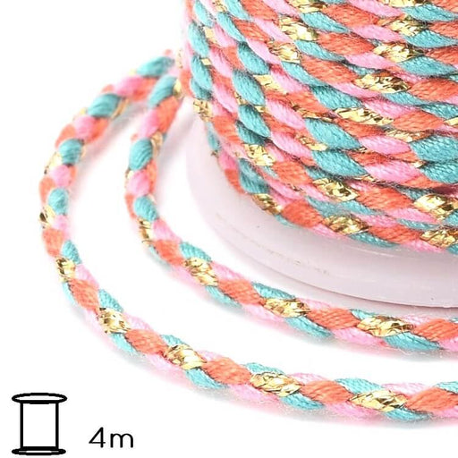 Achat Cordon coton tressé fil doré rose et turquoise - 2mm (Bobine 4m)