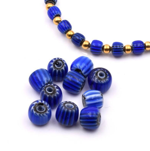 Achat Millefiori perle tube baril bleu 6-7x5-6mm - trou: 1mm (10)