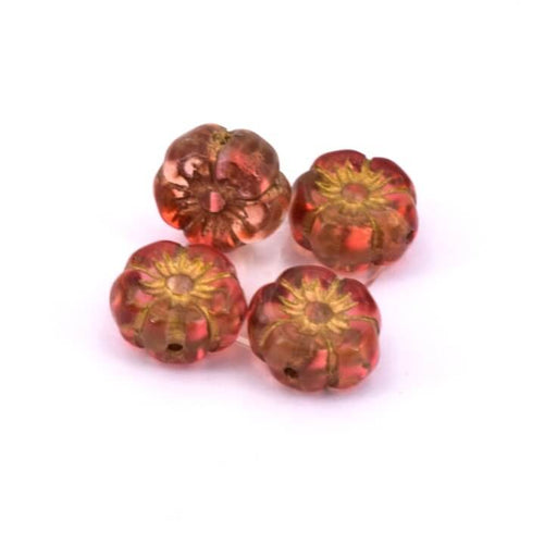 Perle en verre de Bohême fleur d'hibiscus rose grenadine et or 8mm (4)