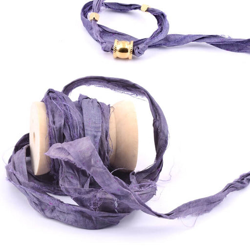 Achat Ruban de soie sari recyclé effiloché froissé violet prune 30mm (1m)