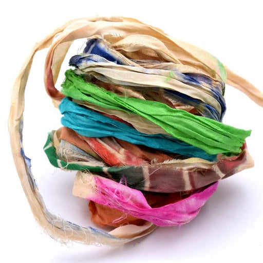 Ruban de soie sari recyclé effiloché froissé multicolore 30mm (1m)