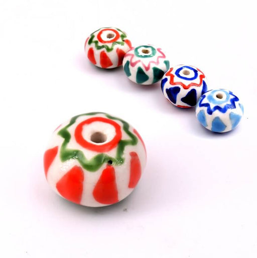 Perle rondelle en porcelaine blanche rose et verte 11x15mm (1)