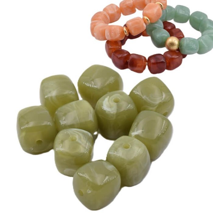 Perle cube arrondi en résine vert olive 17x16mm - Trou: 2mm (12)