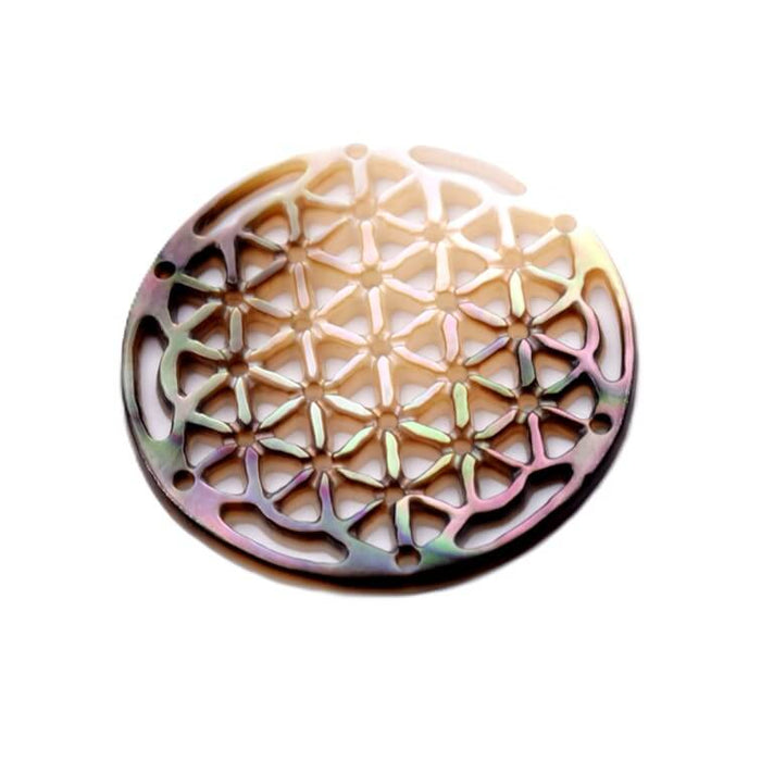 Pendentif rond en nacre noire fleur de vie 29mm - Trou: 0.5mm (1)
