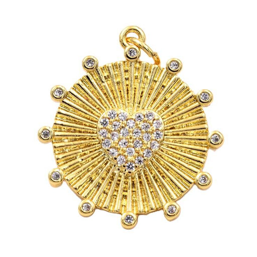 Pendentif rond avec coeur laiton doré et zircon 20mm - Trou: 2mm (1)
