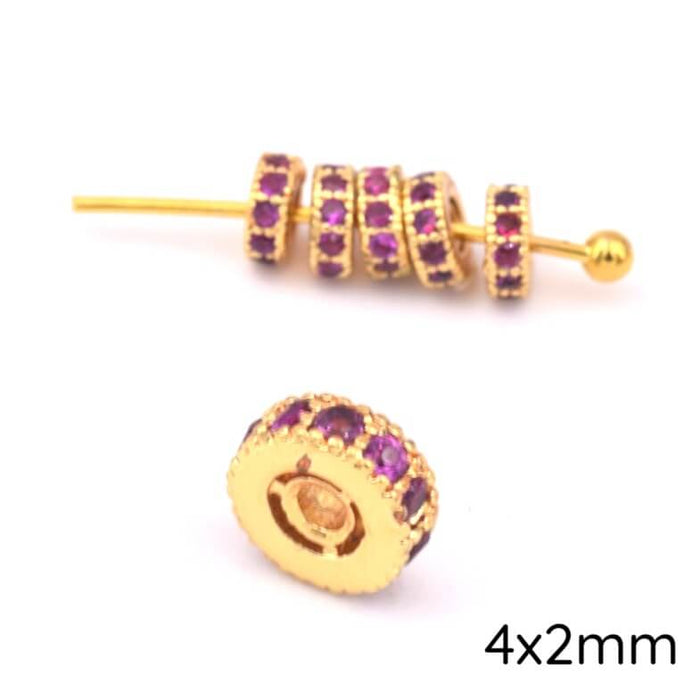 Perle heishi laiton doré et zircon Violet fushia 4x2mm - Trou: 0.8mm (1)