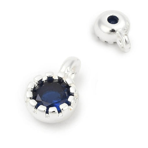 Pendentif rond laiton argenté - zircon bleu  - 5mm - Trou: 1mm (2)