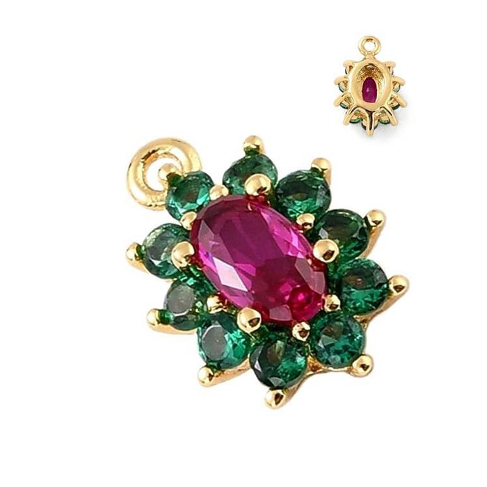 Pendentif fleur laiton doré et zircon vert et rose 9mm-Trou: 0.8mm (1)