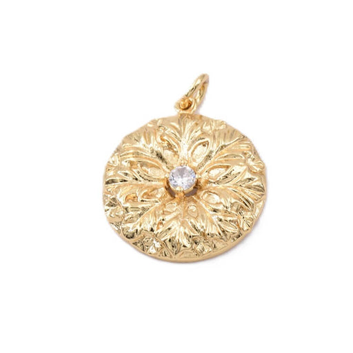 Pendentif rond retro fleur - zircon central - 19mm et anneau (1)