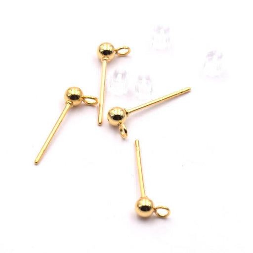 Boucles d'oreilles clou boule acier doré 15x5x3mm avec anneau et poussoir (4)
