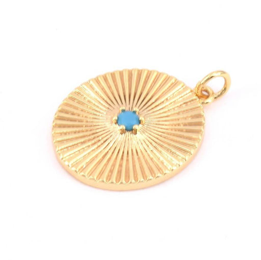 Achat Pendentif breloque ovale ethnique strié laiton doré qualité 20mm avec cabochon turquoise résine 3mm (1)