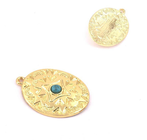 Pendentif breloque ovale arabesque ethnique métal métal doré 29mm avec cabochon turquoise résine 4mm (1)