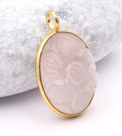 Achat Pendentif Ovale Sculpté Fleur ethnique Quartz Rose Argent 925 doré à l&#39;or fin 17mm (1)