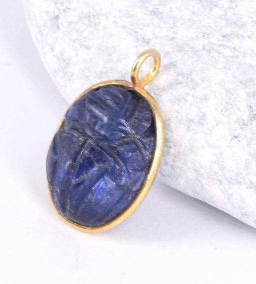 Achat Pendentif Ovale Sculpté Scarabée ethnique Pierre De Lune Sertis Argent 925 doré or fin17x13mm (1)