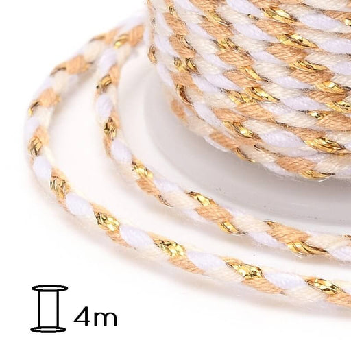 Cordon Coton Tressé Fil Doré, Nude et Blanc - 2mm (Bobine 4m)