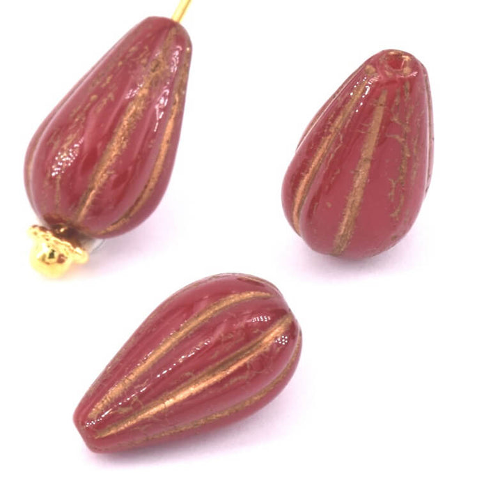 Perles en Verre de Bohême Goutte Rouge Opaline et Bronze 13x7mm (4)