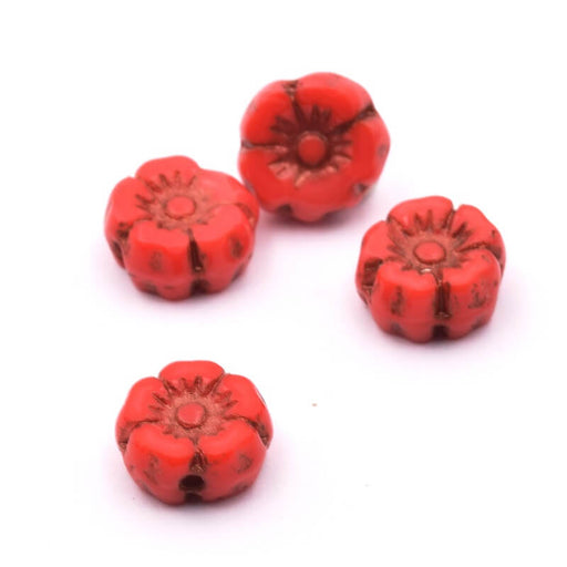 Perles en Verre de Bohême Fleur d'Hibiscus Rouge Vif et Bronze 7mm (4)