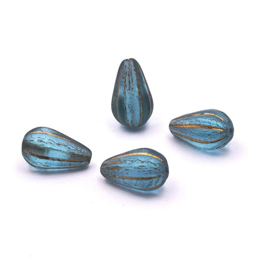 Perles en Verre de Bohême Goutte Bleu Opaline et Doré 13x7mm (4)