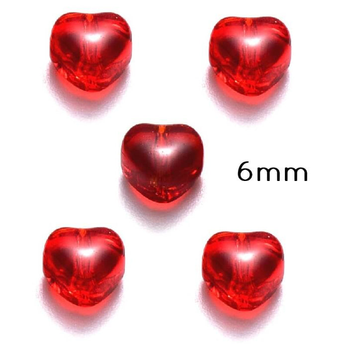 Perles en Forme de Coeur en Verre Rouge 6mm, Trou 0,8mm (5)