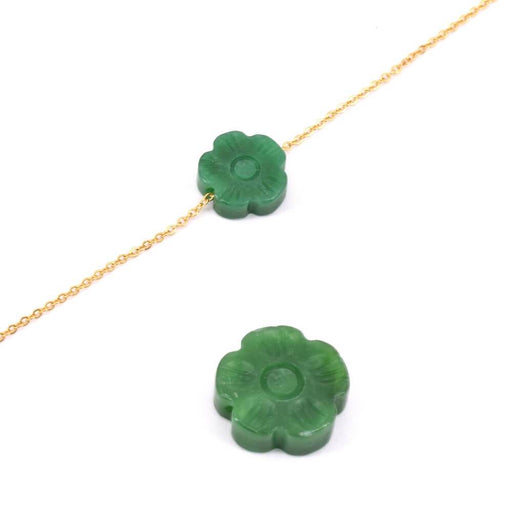 Perle forme fleur en jade teintée verte sculptée 12x4mm, trou 1mm (1)