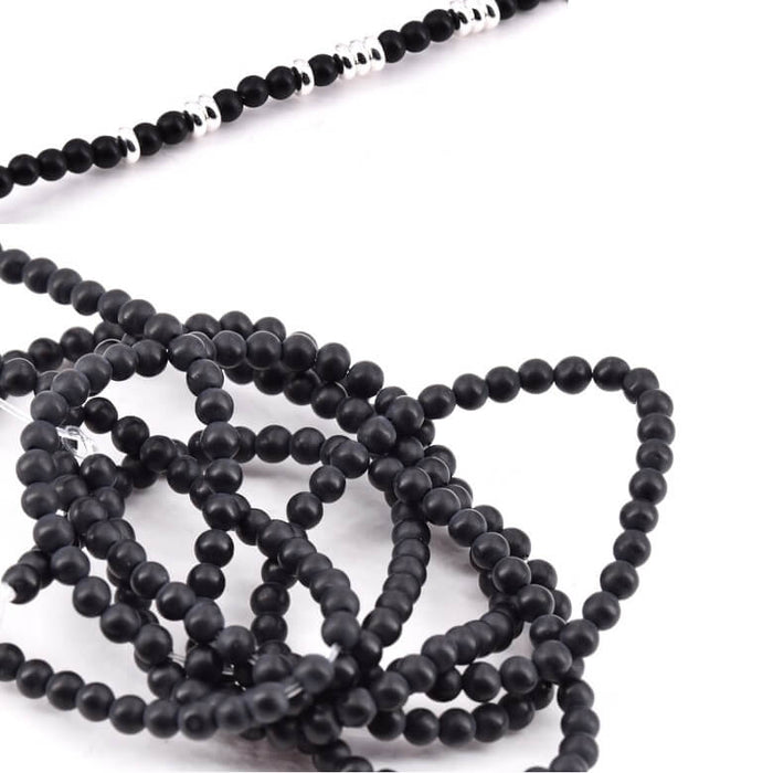 Perles Ronde en Agate Noire Mat 3mm - Trou: 1mm (1 fil-38cm)