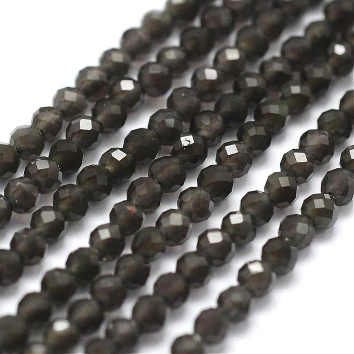 Perles noires obsidienne à facettes, 2mm, Trou: 0.5mm, 165 pcs/fil, (38 cm) (1)