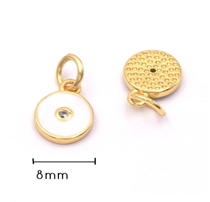 Charm, pendentif breloque doré or fin qualité- zircon strass - émail BLANC 8 mm (1)