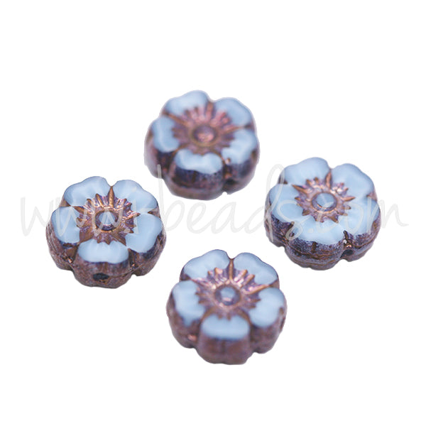 Perles en verre de Bohême fleur d'hibiscus bleu et bronze violet 9mm (4)