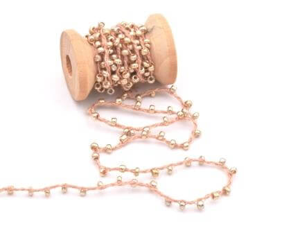 Cordon coton fin avec perles de rocaille OR ROSE CLAIR (90cm)