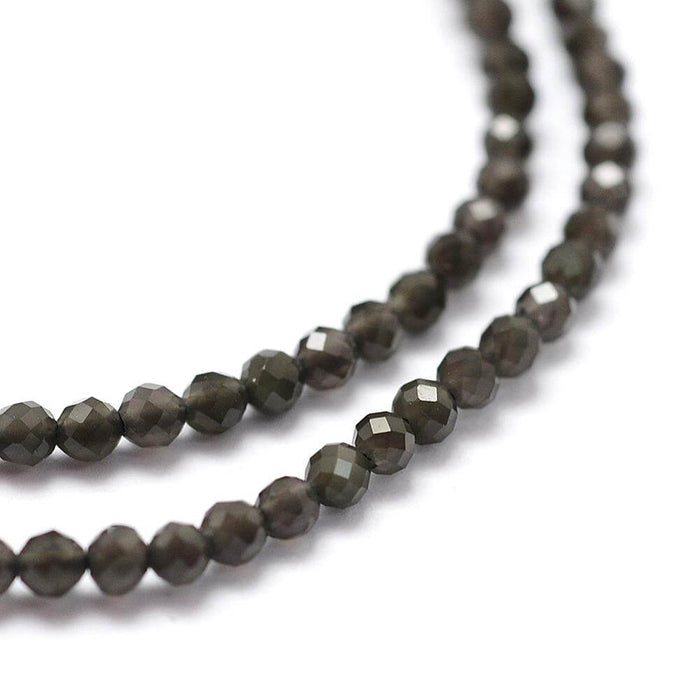 Perles noires obsidienne à facettes, 2mm, Trou: 0.5mm, 165 pcs/fil, (38 cm) (1)