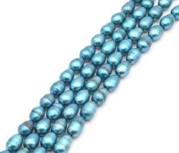 Perles d'eau douce grain de riz turquoise 8x6mm sur fil (1)